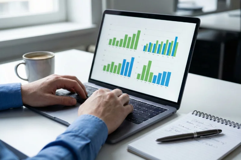 Análise de dados de futebol num computador portátil com gráficos de desempenho de equipas
