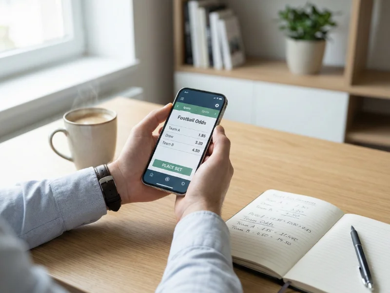 Mãos a segurar smartphone com interface de apostas desportivas e odds de futebol