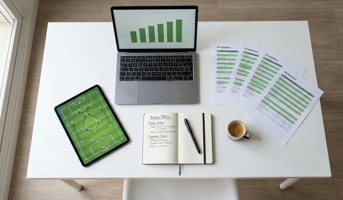 Área de trabalho organizada com portátil, tablet com diagrama tático de futebol e folhas de estatísticas