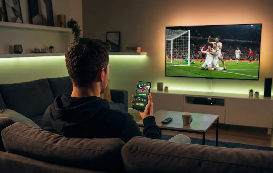 Pessoa a ver jogo de futebol na televisão enquanto segura smartphone com interface de apostas ao vivo