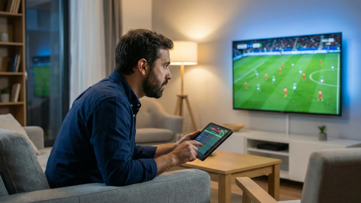 Homem português a assistir jogo de futebol na televisão enquanto analisa estatísticas num tablet