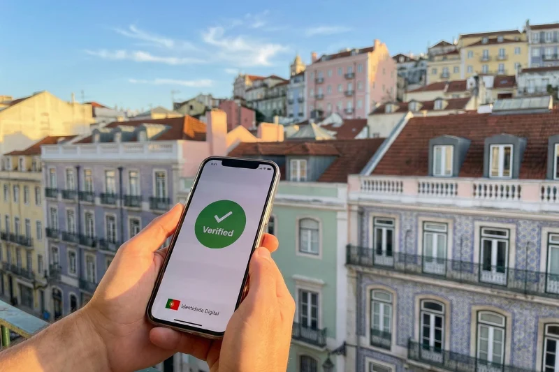 Vista de Lisboa com telemóvel a mostrar verificação de segurança para apostas legais em Portugal