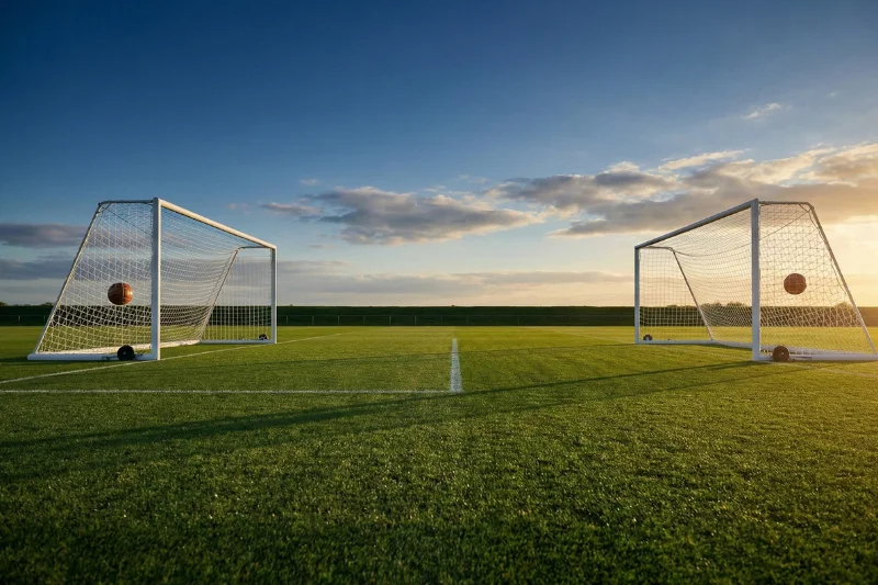 Duas balizas de futebol com bolas na rede em lados opostos do campo