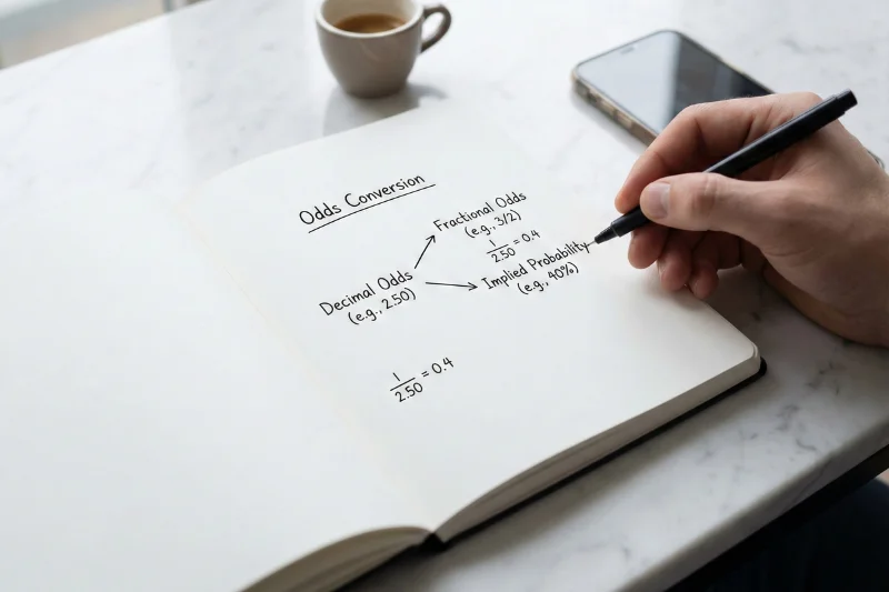 Caderno com diagrama simples a explicar a conversão de odds para apostas desportivas