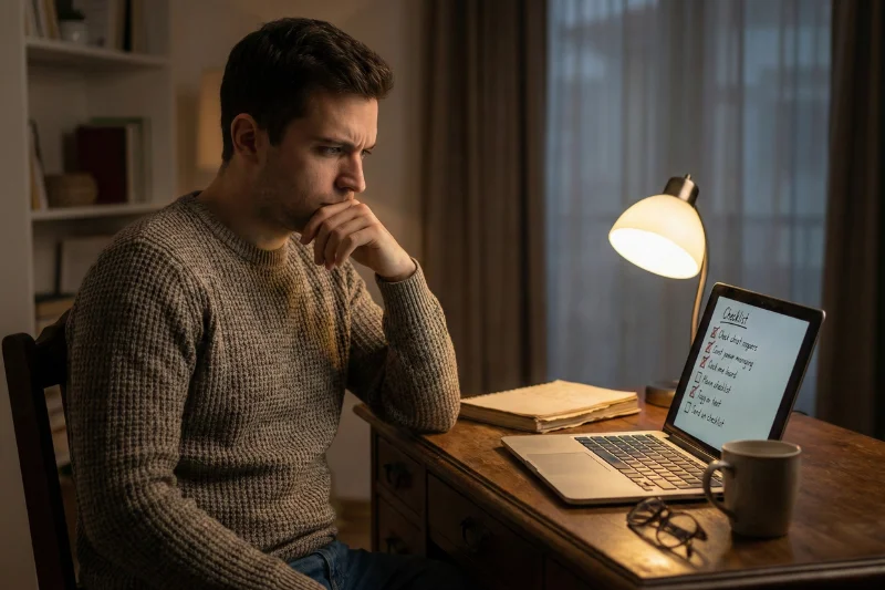Homem pensativo a analisar decisões de apostas com lista de verificação no escritório