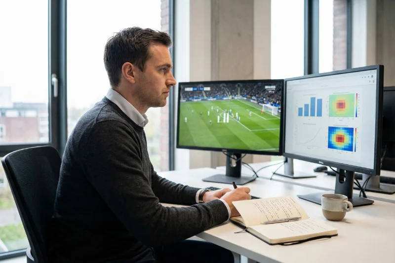 Analista profissional focado a trabalhar em computador com estatísticas de futebol