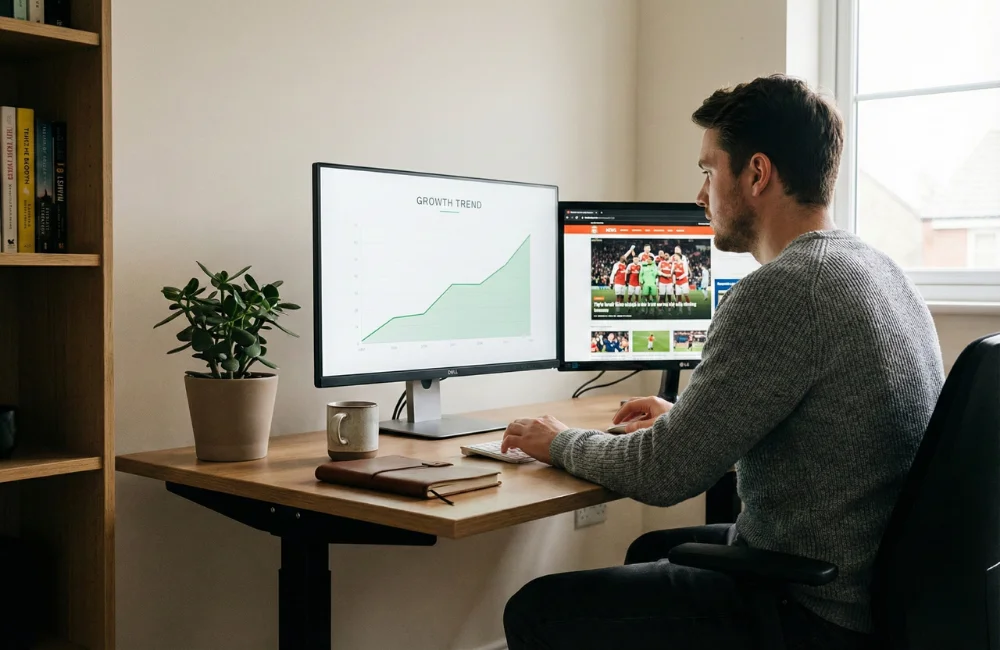 Pessoa a trabalhar em computador com dois monitores mostrando gráfico de crescimento verde e site de futebol
