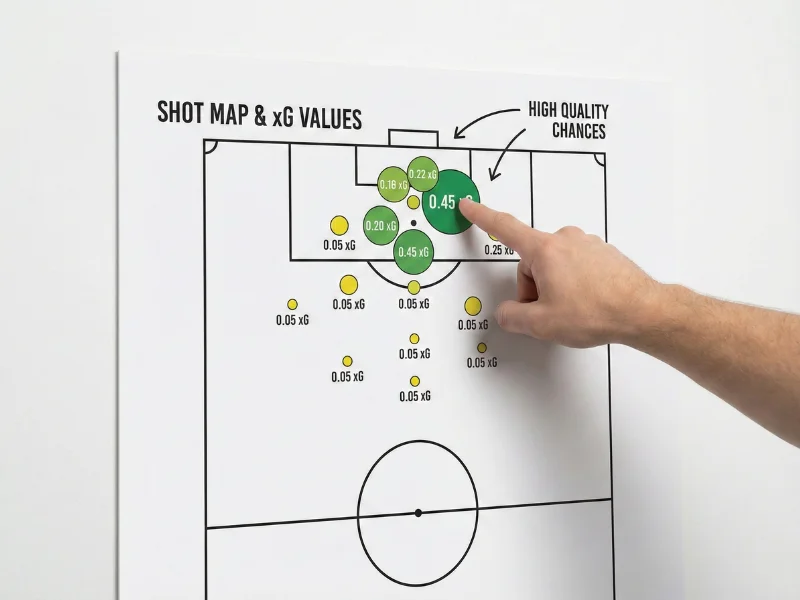 Diagrama de campo de futebol mostrando localizações de remates com valores de xG representados por círculos de tamanhos diferentes