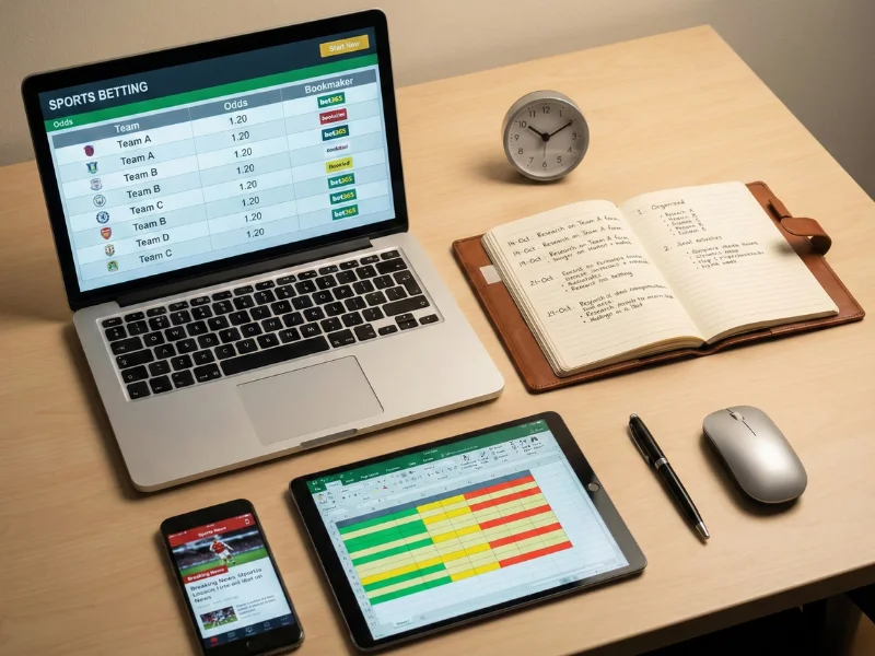 Kit de ferramentas organizado de analista moderno com laptop, caderno, smartphone e tablet numa secretária premium
