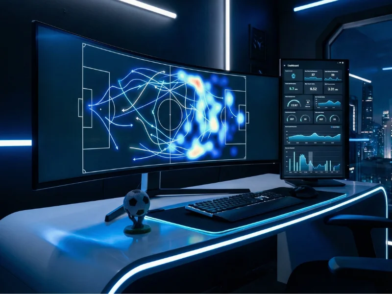 Configuração tecnológica moderna de análise desportiva com monitor curvo exibindo visualização de rastreamento de jogadores
