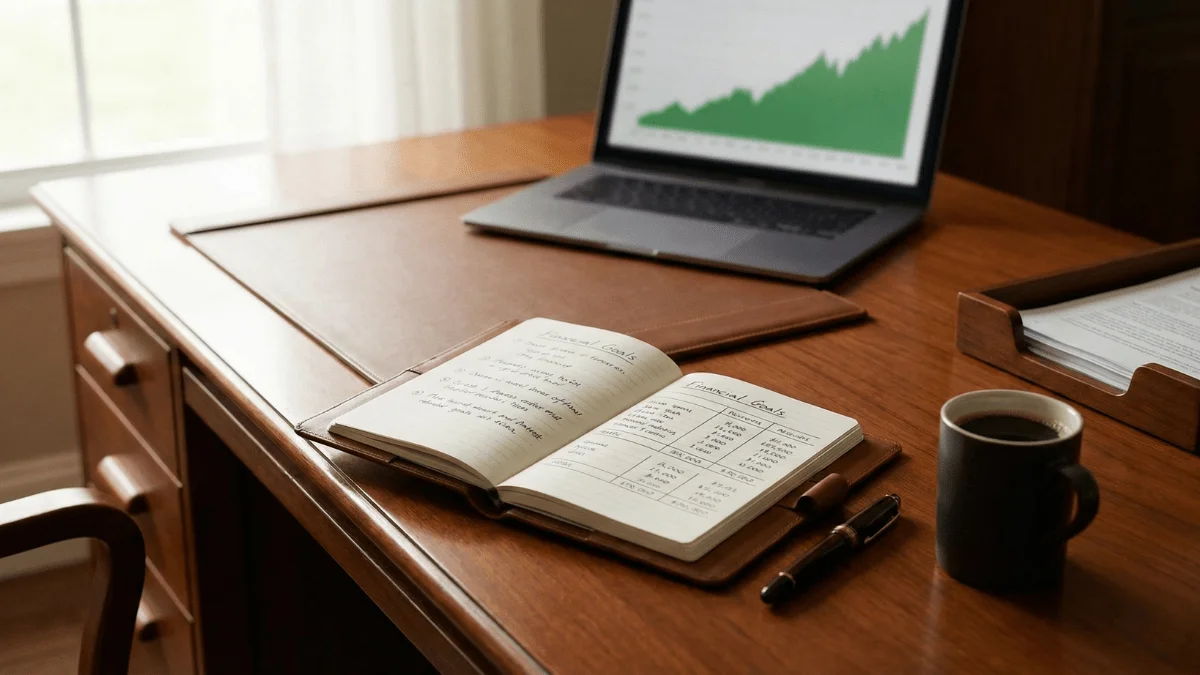 Secretária profissional organizada com caderno de notas e computador mostrando gráfico de crescimento