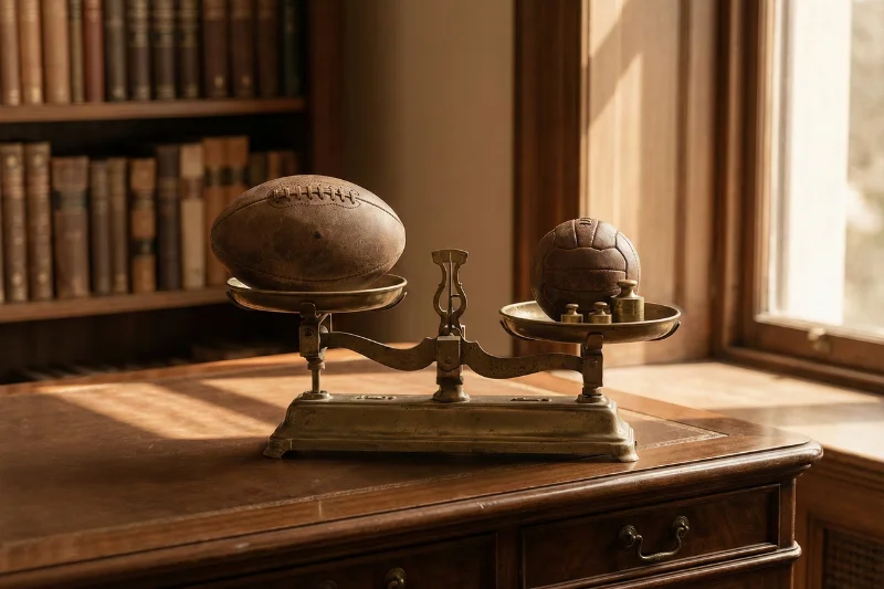 Balança de bronze antiga equilibrando bolas de futebol de tamanhos diferentes