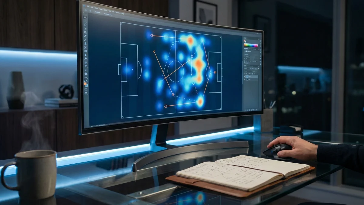 Espaço de trabalho de analista desportivo com monitor exibindo diagrama de campo de futebol e mapa de calor