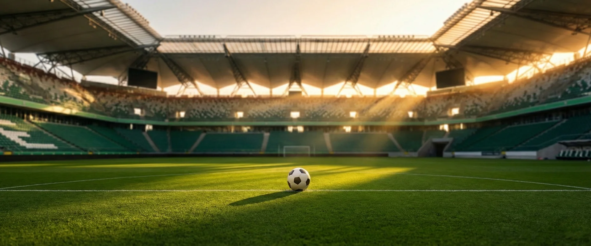 Estádio de futebol moderno ao pôr do sol com bola no centro do relvado verde