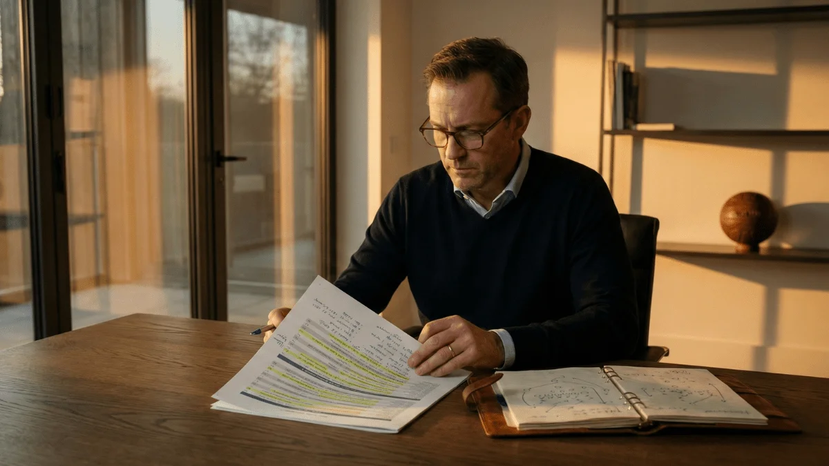 Analista profissional de desporto a estudar documentos estratégicos durante a hora dourada num escritório moderno