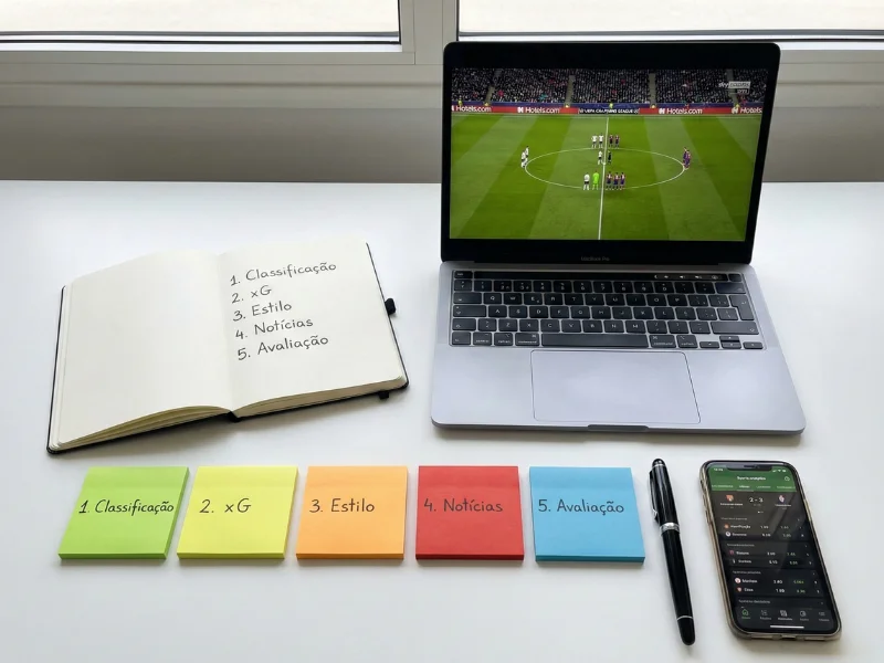 Espaço de trabalho organizado com caderno mostrando passos de análise numerados e laptop com jogo de futebol