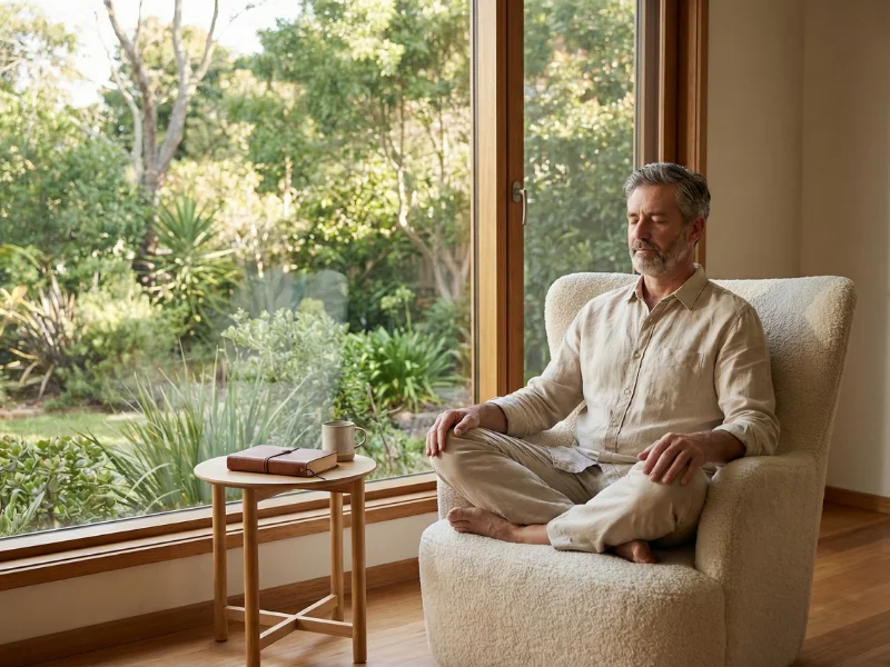 Pessoa em meditação serena junto à janela representando controlo emocional e disciplina mental