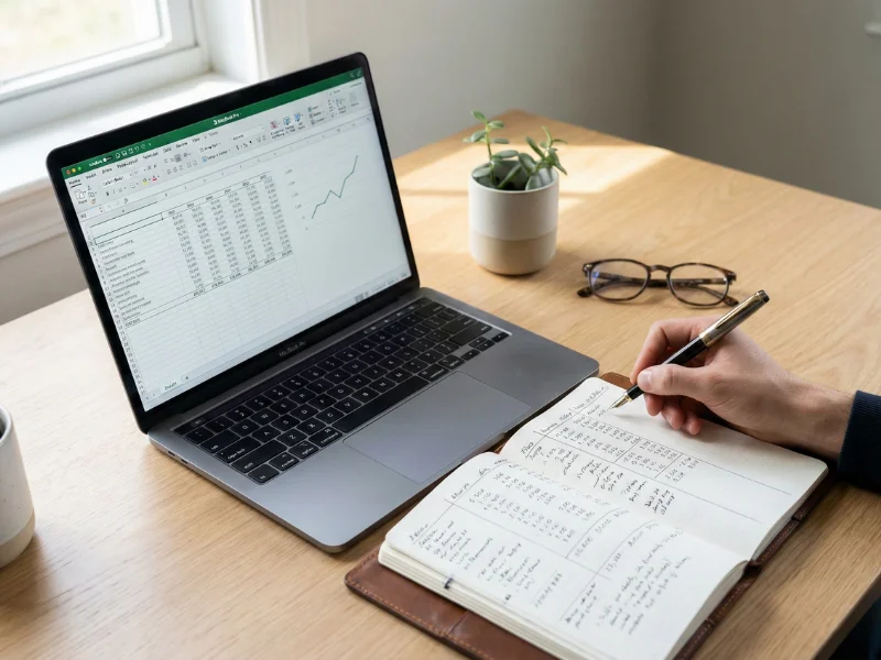 Espaço de trabalho organizado com caderno de registos e folha de cálculo no computador